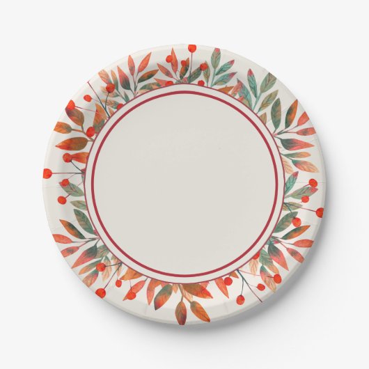 Rode bessen en Blauwgroen bladeren Ivoor Papieren Bordje (Voorkant)