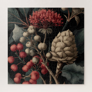 Rode Bessen en Exotische Zaadpeulen op Zwart Legpuzzel
