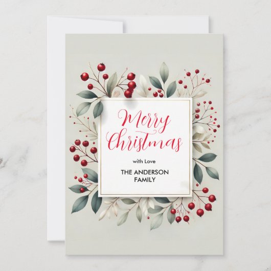 Rode bessen en groen gebladerte Kerstmis Feestdagenkaart (Voorkant)
