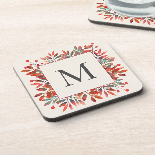 Rode bessen en groene bladeren monogram bier onderzetter (Linkerzijde)