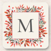 Rode bessen en groene bladeren monogram bier onderzetter (Voorkant)