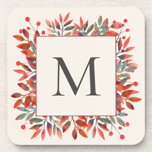 Rode bessen en groene bladeren monogram bier onderzetter (Voorkant)