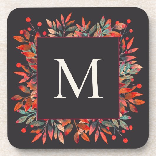 Rode bessen en groene bladeren monogram bier onderzetter (Voorkant)