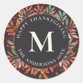 Rode bessen en groene bladeren monogram donker ronde sticker (Voorkant)