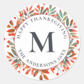 Rode bessen en groene bladeren monogram ronde sticker (Voorkant)