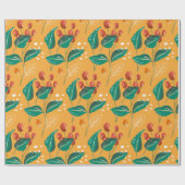 Rode bessen en groene bladeren op een geel patroon cadeaupapier (Vlak)