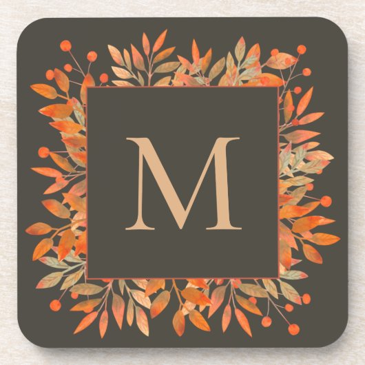 Rode bessen en herfstbladeren bruin monogram bier onderzetter (Voorkant)