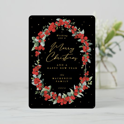 Rode bessen + Eucalyptus botanisch kader Kerstmis Folie Feestdagenkaart (Staand Voorkant)