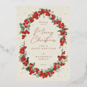Rode bessen + Eucalyptus Botanische Lijst kerst Folie Feestdagenkaart (Voorkant)