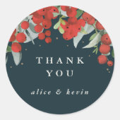 Rode bessen + Eucalyptus Kerstmis Dank u Ronde Sticker (Voorkant)
