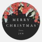 Rode Bessen + Eucalyptus Prettig Kerstfeest/maatkl Ronde Sticker (Voorkant)