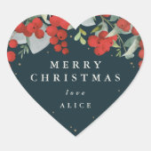 Rode bessen + Eucalyptus Vrolijk Kerstfeest/Aangep Hart Sticker (Voorkant)