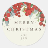 Rode bessen + Eucalyptus Vrolijk Kerstfeest/Aangep Ronde Sticker (Voorkant)