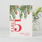 Rode bessen feestelijke kerst bruiloft tafel numme bedankkaart (Staand voorkant)