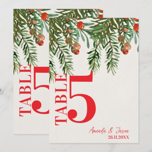 Rode bessen feestelijke kerst bruiloft tafel numme bedankkaart (Voorkant / Achterkant)