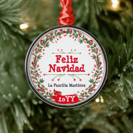 Rode bessen Feliz Navidad Krans Metalen Ornament (Boom)