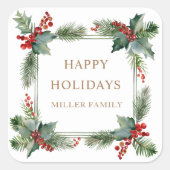 Rode Bessen Gelukkig Kerst Monogram Vierkante Sticker (Voorkant)