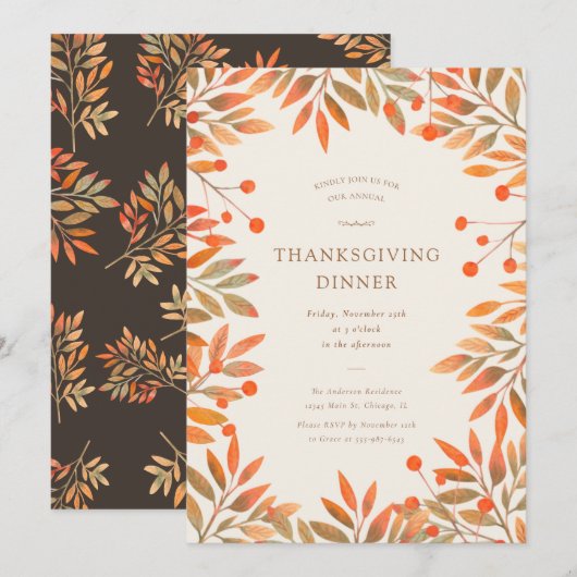 Rode bessen & gouden bladeren Thanksgiving Diner Kaart (Voorkant / Achterkant)