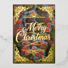 Rode bessen, gouden vrolijke kerst folie feestdagenkaart