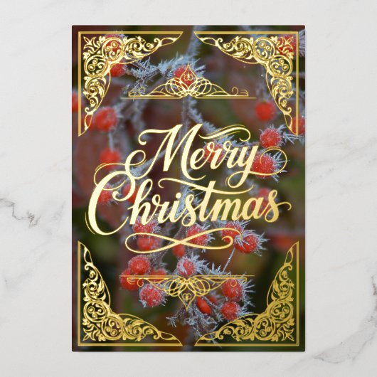 Rode bessen, gouden vrolijke kerst folie feestdagenkaart (Voorkant)
