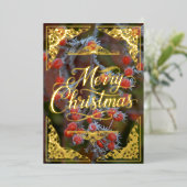 Rode bessen, gouden vrolijke kerst folie feestdagenkaart (Staand Voorkant)