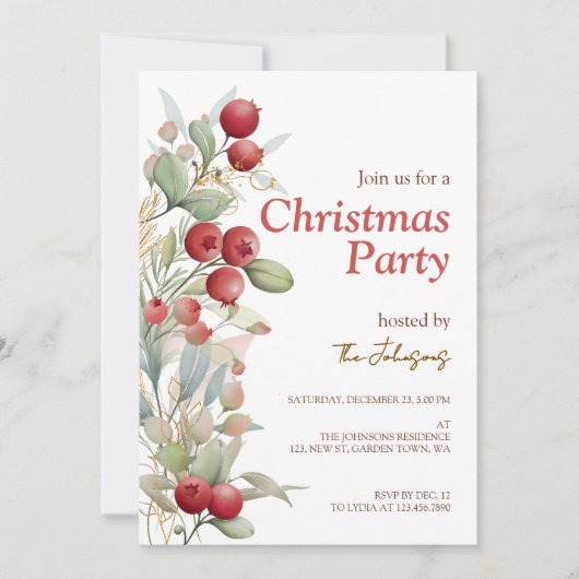 Rode bessen groen botanische kerstfeest kaart (Voorkant)