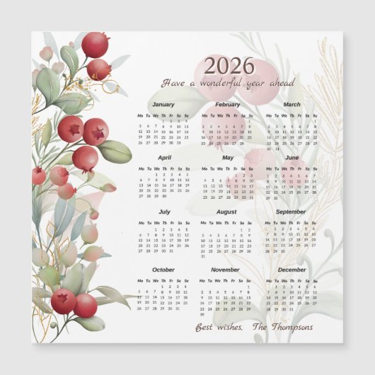 Rode bessen Groen Elegant 2026 Kalender Kaart (Voorkant)