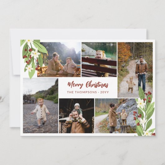 Rode bessen groen fotocollage vrolijke kerst feestdagenkaart (Voorkant)