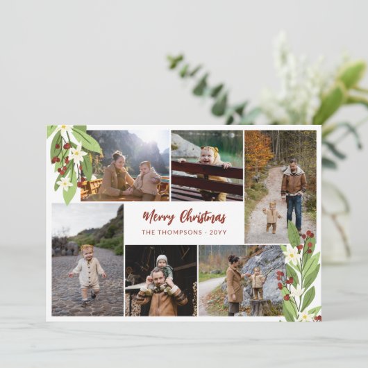 Rode bessen groen fotocollage vrolijke kerst feestdagenkaart (Staand voorkant)