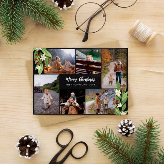 Rode bessen groen fotocollage vrolijke kerst feestdagenkaart