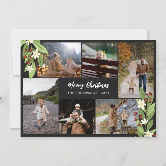 Rode bessen groen fotocollage vrolijke kerst feestdagenkaart (Voorkant)