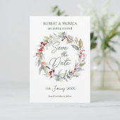 Rode bessen groen gebladerte bruiloft Save the Dat Kaart (Staand voorkant)