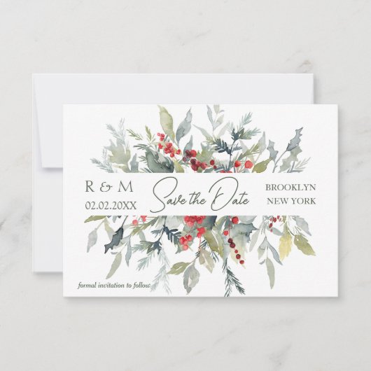 Rode bessen groen gebladerte bruiloft Save the Dat Kaart (Voorkant)
