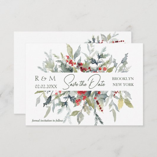 Rode bessen groen gebladerte bruiloft Save the Dat Kaart (Voorkant / Achterkant)