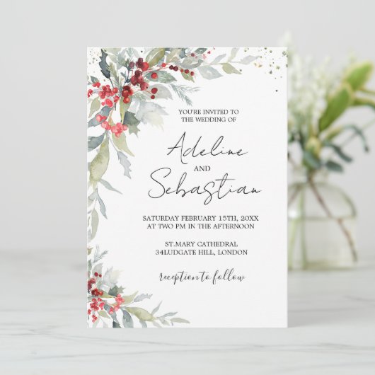 Rode bessen groen gebladerte bruiloft uitnodiging (Staand voorkant)