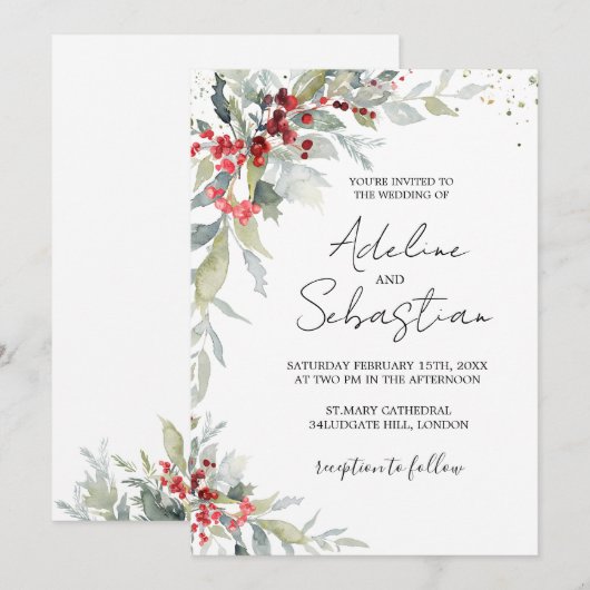 Rode bessen groen gebladerte bruiloft uitnodiging (Voorkant / Achterkant)