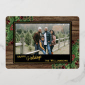 Rode bessen Groen Holly Botanisch gebladerte Goud Folie Feestdagenkaart (Voorkant)