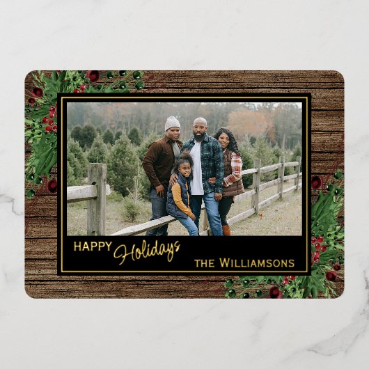 Rode bessen Groen Holly Botanisch gebladerte Goud Folie Feestdagenkaart (Voorkant)