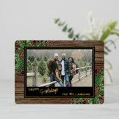 Rode bessen Groen Holly Botanisch gebladerte Goud Folie Feestdagenkaart (Staand Voorkant)