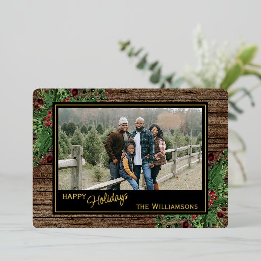 Rode bessen Groen Holly Botanisch gebladerte Goud Folie Feestdagenkaart (Staand Voorkant)