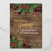 Rode bessen Groen Holly Botanisch gebladerte Goud Folie Feestdagenkaart (Voorkant)