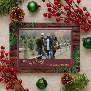 Rode bessen Groen Holly Botanisch gebladerte Goud Folie Feestdagenkaart