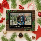 Rode bessen Groen Holly Botanisch gebladerte Goud Folie Feestdagenkaart