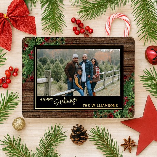 Rode bessen Groen Holly Botanisch gebladerte Goud Folie Feestdagenkaart