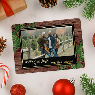 Rode bessen Groen Holly Botanisch gebladerte Goud Folie Feestdagenkaart