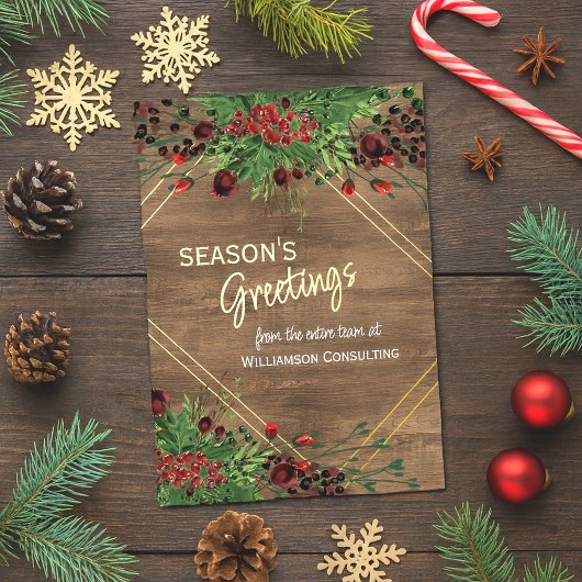 Rode bessen Groen Holly Botanisch gebladerte Goud Folie Feestdagenkaart