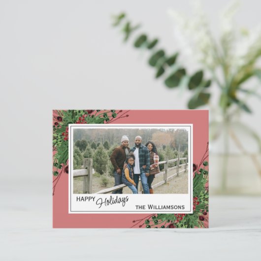 Rode bessen Groen Holly Botanisch gebladerte op ro Briefkaart (Staand voorkant)