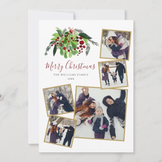 Rode Bessen Groene 5 Foto Kerstmis  Feestdagenkaart (Voorkant)