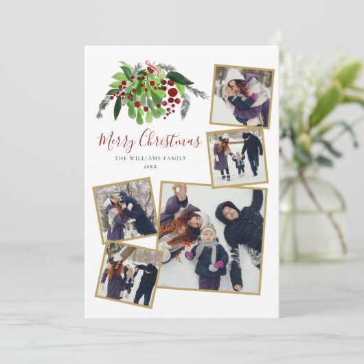 Rode Bessen Groene 5 Foto Kerstmis  Feestdagenkaart (Staand voorkant)