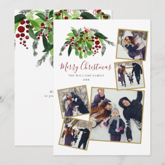 Rode Bessen Groene 5 Foto Kerstmis Feestdagenkaart (Voorkant / Achterkant)